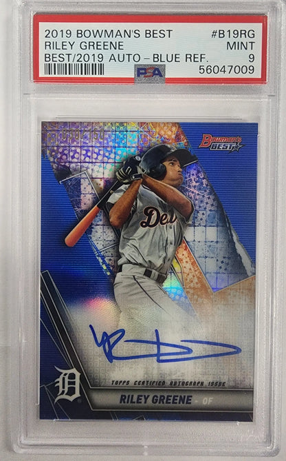 Riley Greene 2019 Bowmans Best Blue Auto card with blue refractor and PSA 9 grade