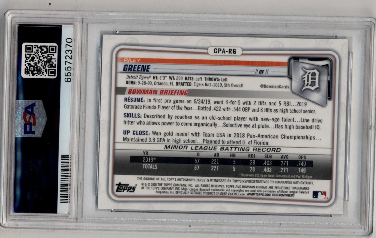 Baseball trading card of Riley Greene Bowman Chrome Blue Refractor Auto in protective slab