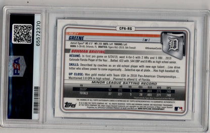 Baseball trading card of Riley Greene Bowman Chrome Blue Refractor Auto in protective slab