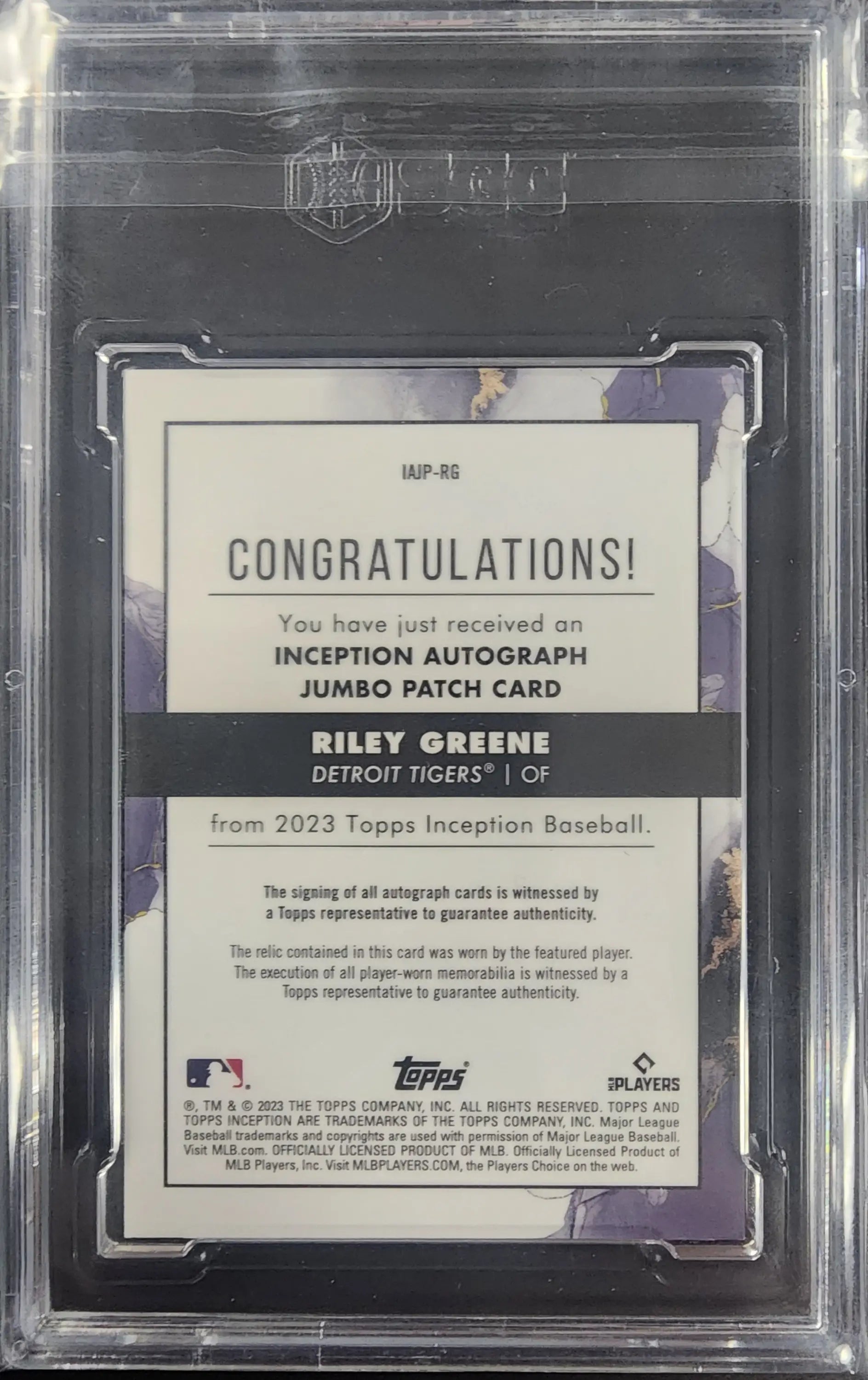 Riley Greene 2023 Topps Inception auto patch blue trading card with autograph and patch blue design