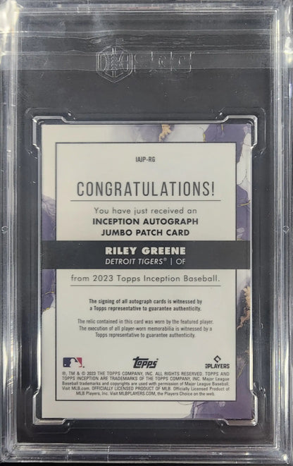 Riley Greene 2023 Topps Inception auto patch blue trading card with autograph and patch blue design