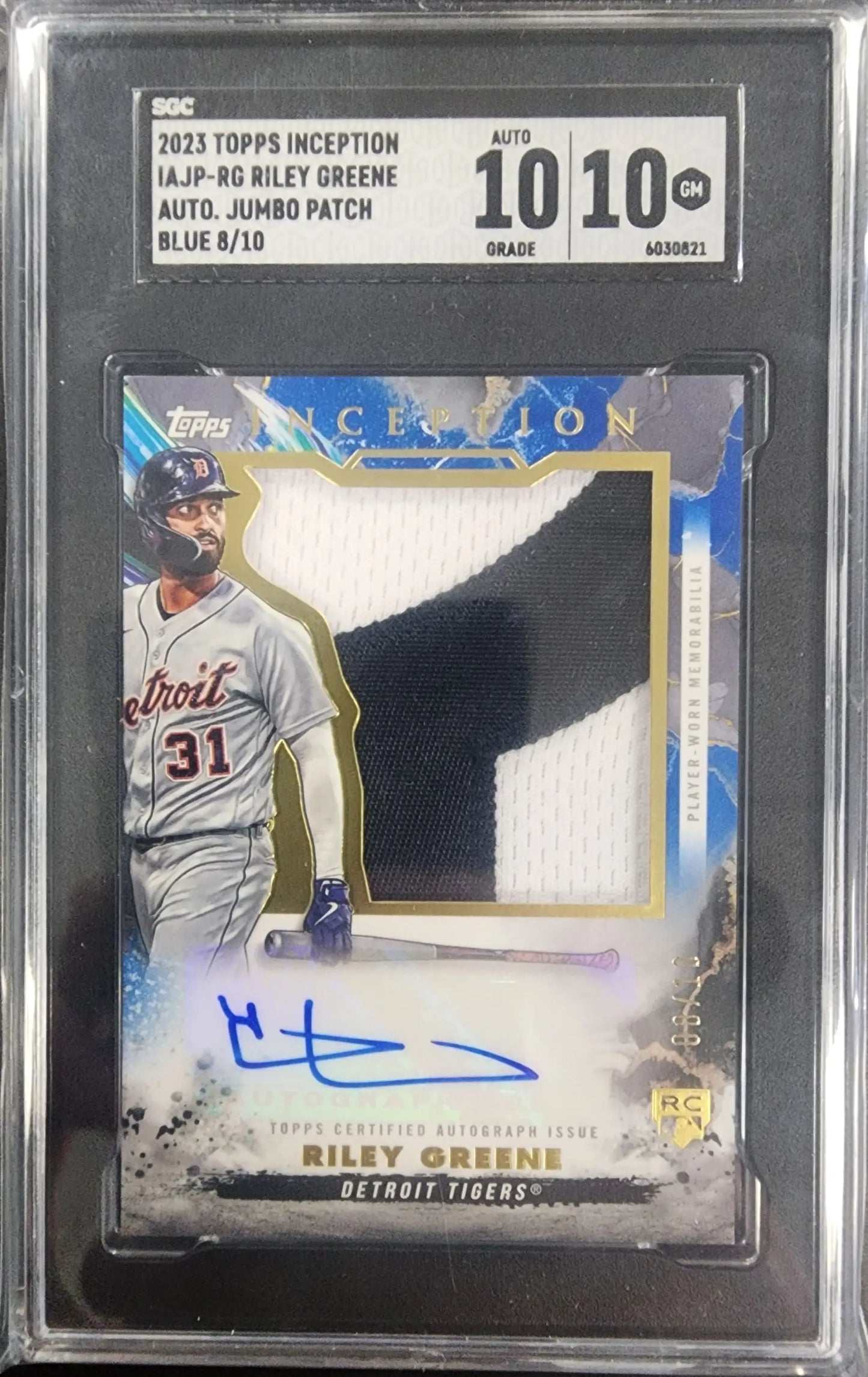 Graded Riley Greene 2023 Topps Inception auto patch blue card with autograph and patch blue