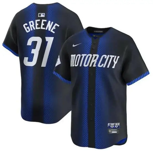 Detroit Tigers Nike City Connect Navy Jersey featuring Riley Greene logo