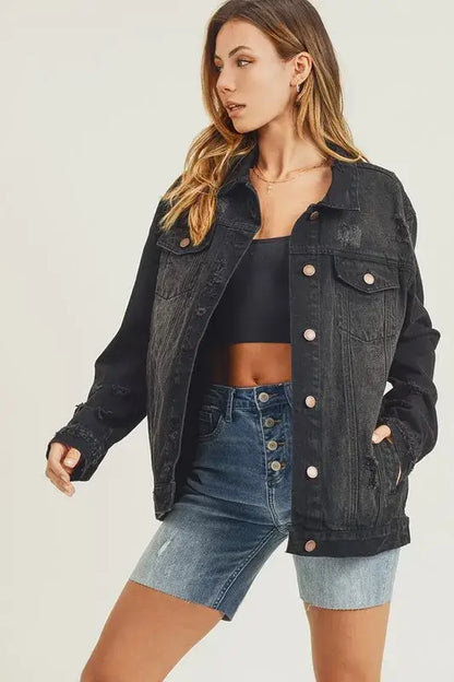 RISEN Full Size Distressed Long Sleeve Denim Jacket - Long Sleeve Denim Jacket