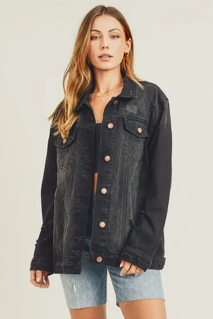 RISEN Full Size Distressed Long Sleeve Denim Jacket - Black / S - Long Sleeve Denim Jacket