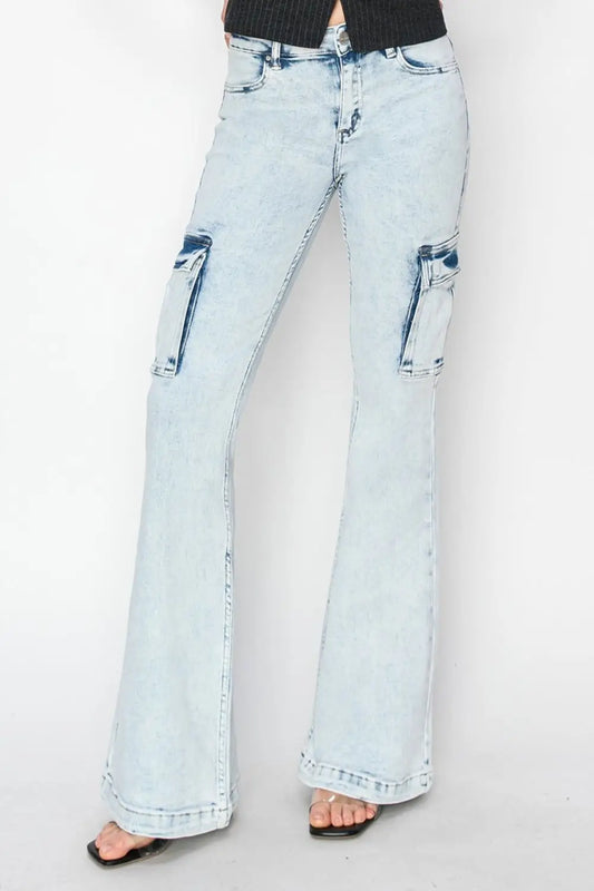 Light wash cargo flare jeans with front pockets from RISEN Full Size High Rise Cargo Flare Jeans