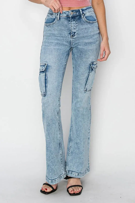 RISEN Light Wash Acid-Wash Cargo Flare Jeans with Side Pockets for Women