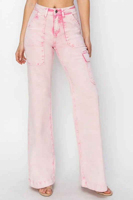 RISEN Full Size High Rise Cargo Pocket Jeans - Acid Pink / 0(24) - Cargo Pocket Jeans