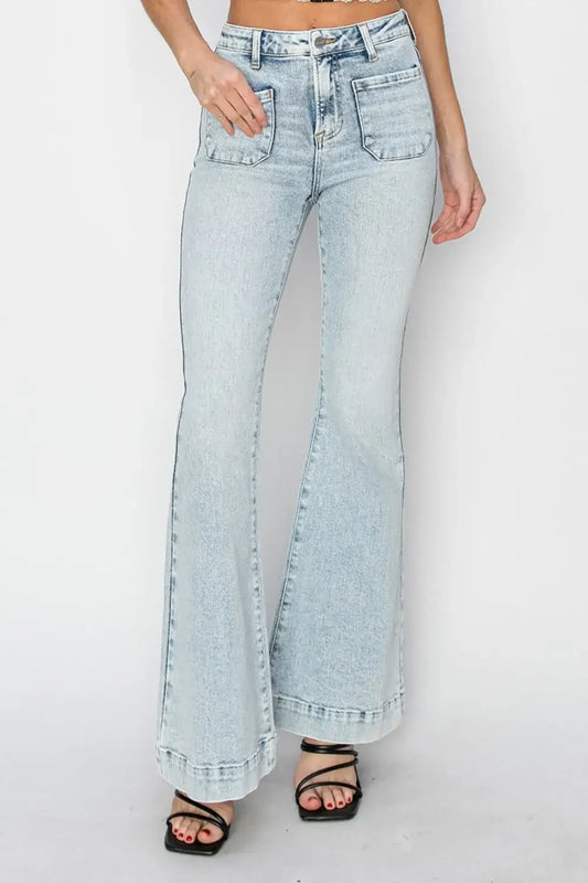 Light wash high rise patch pocket flare jeans from Risen with utility pockets