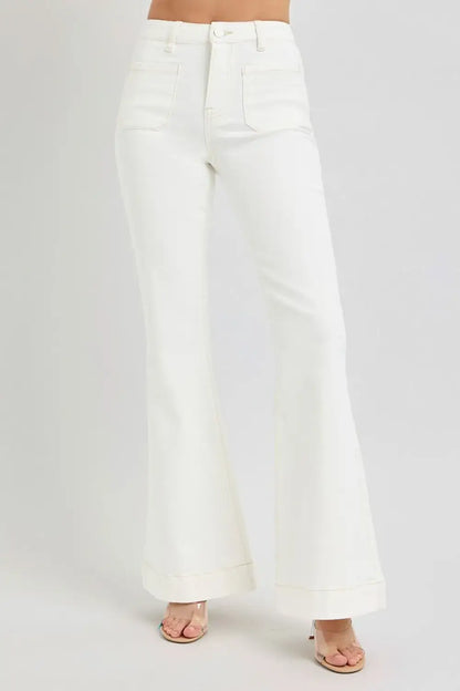 RISEN Full Size High Rise Front Patch Pocket Flare Jeans - Cream / 0(24) - Patch Pocket Flare Jeans