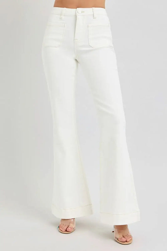 RISEN Full Size High Rise Front Patch Pocket Flare Jeans - Cream / 0(24) - Patch Pocket Flare Jeans