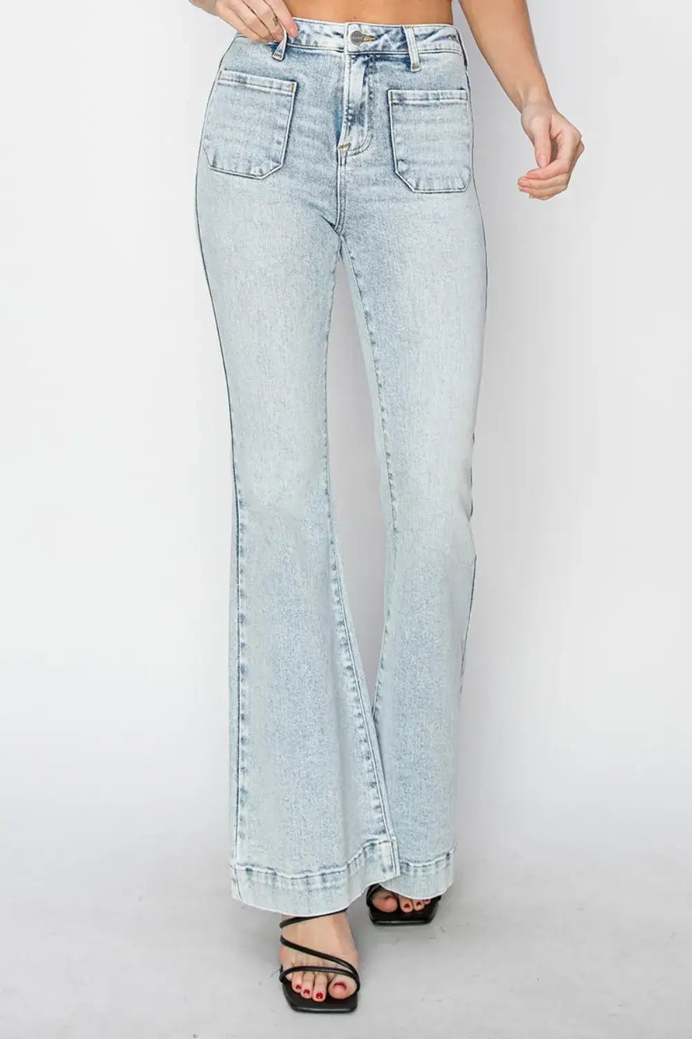 Light wash denim high rise flare jeans with large patch pockets for a stylish look