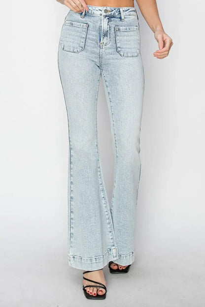 Light wash denim high rise flare jeans with large patch pockets for a stylish look