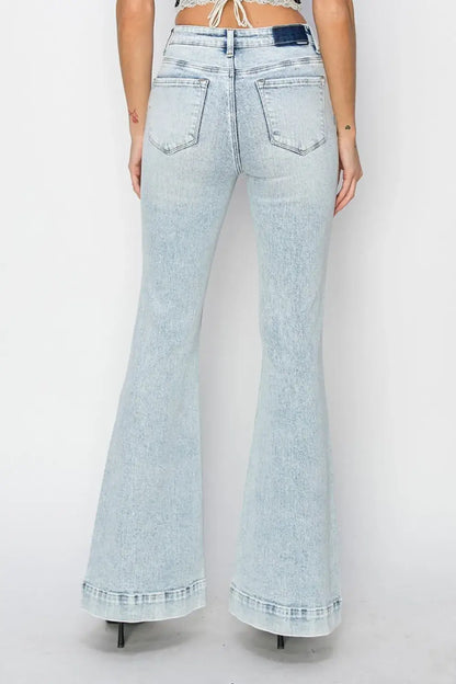 Light wash high-rise patch pocket flare jeans with raw hems from Risen Full Size collection