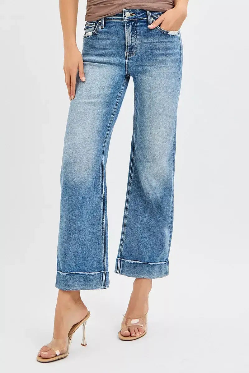 RISEN Full Size Mid Rise Crop Straight Jeans with Taylor Cuffed Plus Size