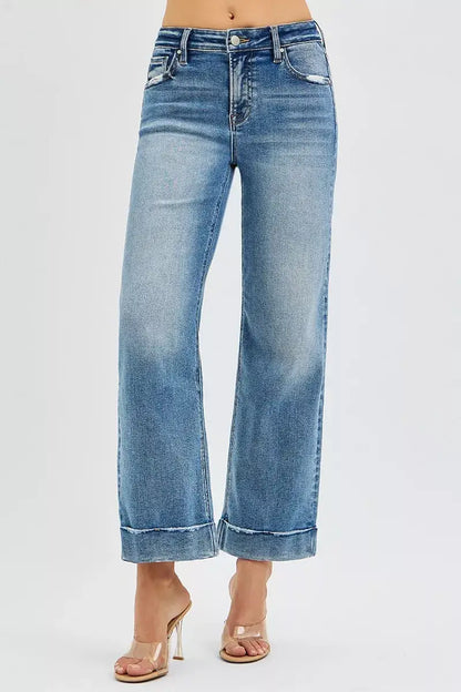 RISEN Full Size Mid Rise Crop Straight Jeans with Taylor Cuffed Plus Size