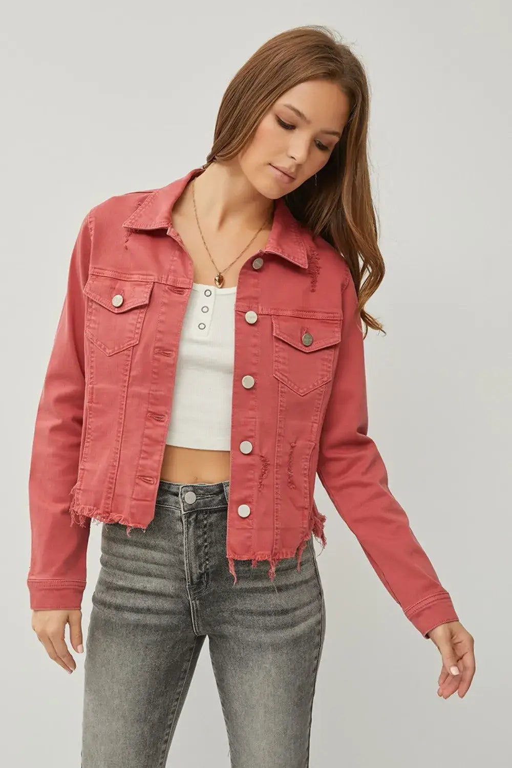 RISEN Full Size Raw Hem Button Up Cropped Denim Jacket Plus Size - BRICK / S