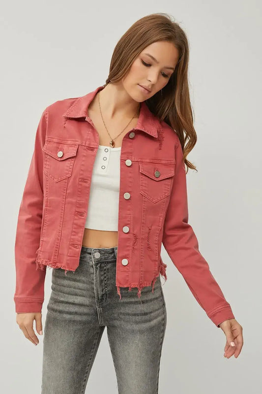 RISEN Full Size Raw Hem Button Up Cropped Denim Jacket Plus Size - BRICK / S