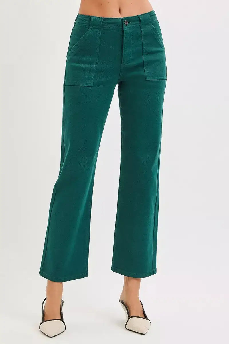 RISEN High Rise Ankle Flare Patch Pocket Jeans - HUNTER GREEN