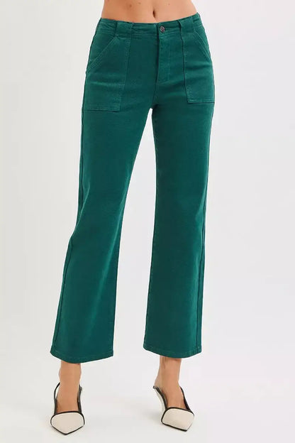 RISEN High Rise Ankle Flare Patch Pocket Jeans - HUNTER GREEN