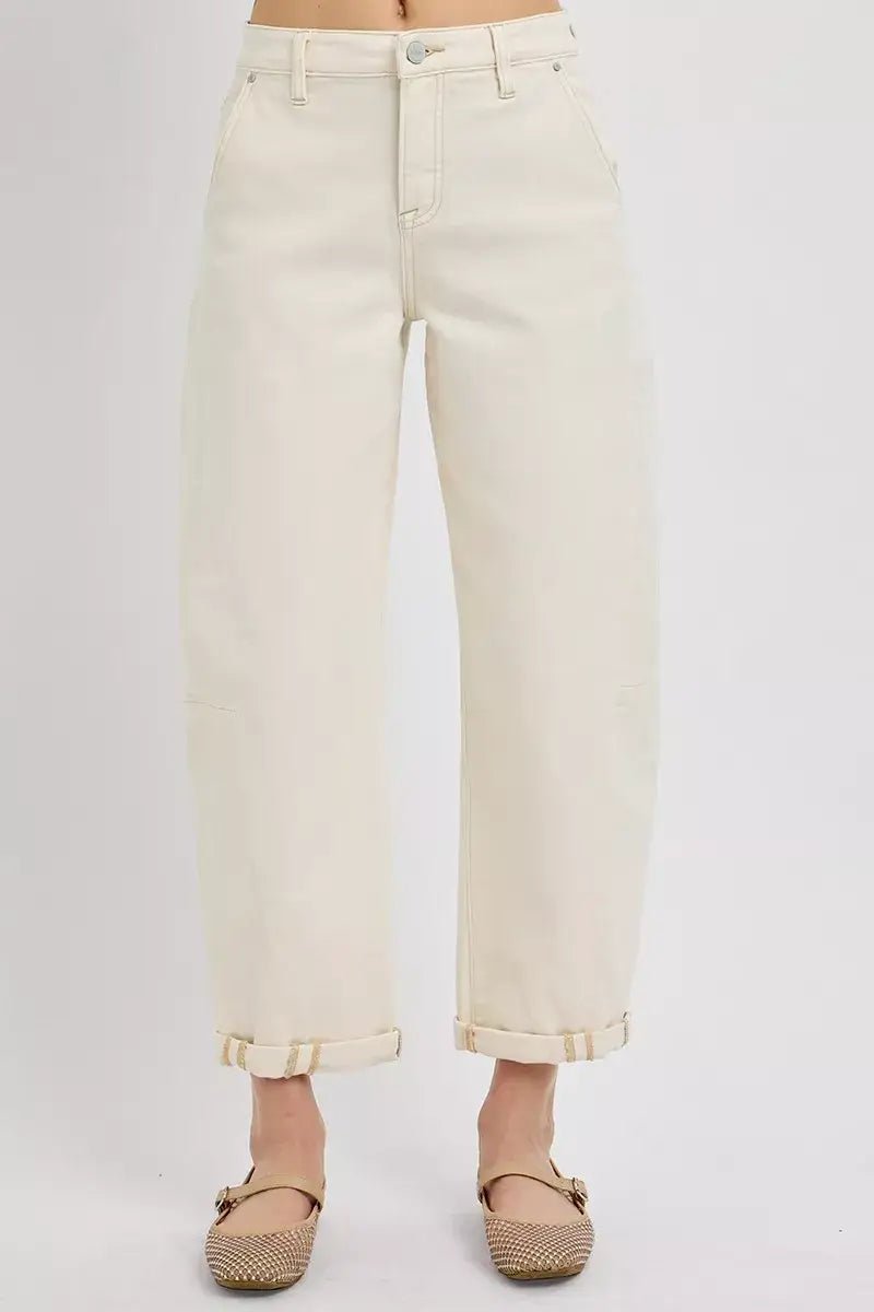 RISEN High Rise Relaxed Barrel Cuffed Jeans - IVORY