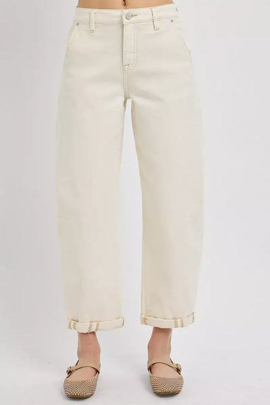 RISEN High Rise Relaxed Barrel Cuffed Jeans - IVORY
