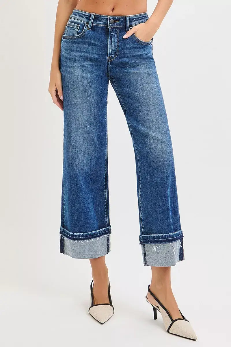 RISEN Mid Rise Ankle Straight Jeans with Cuffed Hem