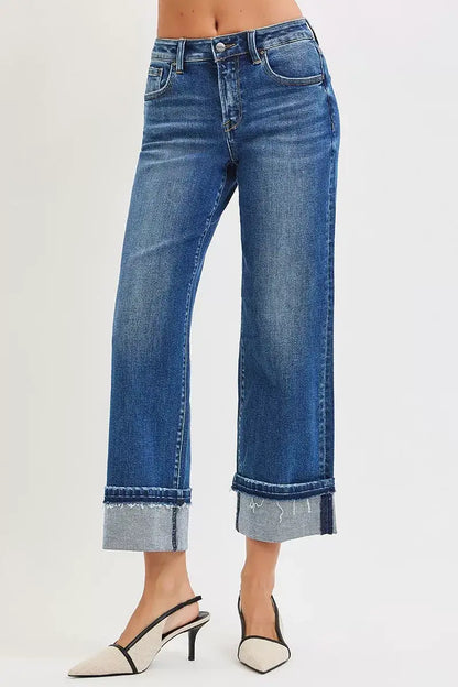 RISEN Mid Rise Ankle Straight Jeans with Cuffed Hem