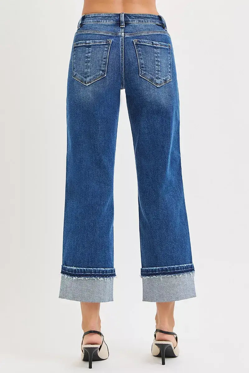 RISEN Mid Rise Ankle Straight Jeans with Cuffed Hem