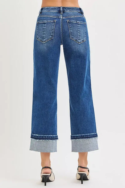 RISEN Mid Rise Ankle Straight Jeans with Cuffed Hem