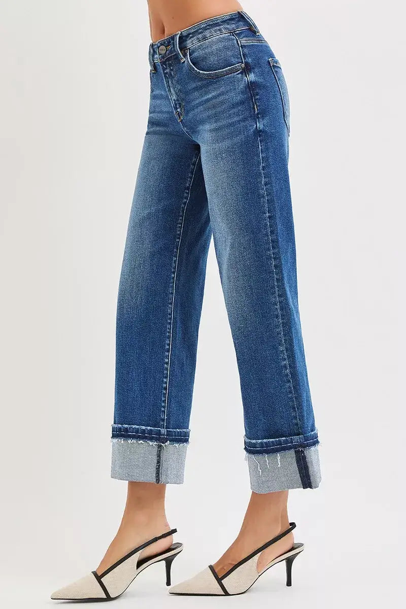 RISEN Mid Rise Ankle Straight Jeans with Cuffed Hem