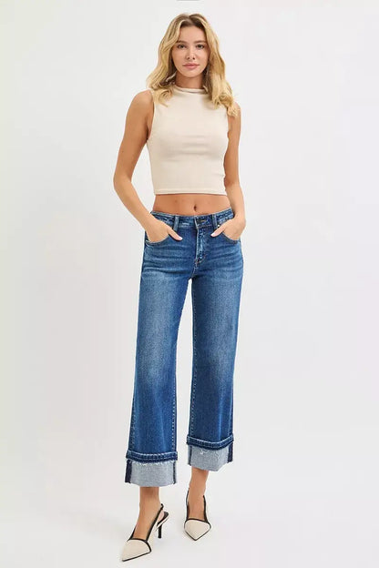 RISEN Mid Rise Ankle Straight Jeans with Cuffed Hem