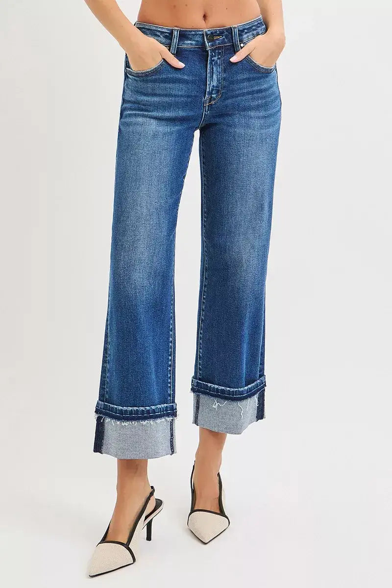 RISEN Mid Rise Ankle Straight Jeans with Cuffed Hem - DARK