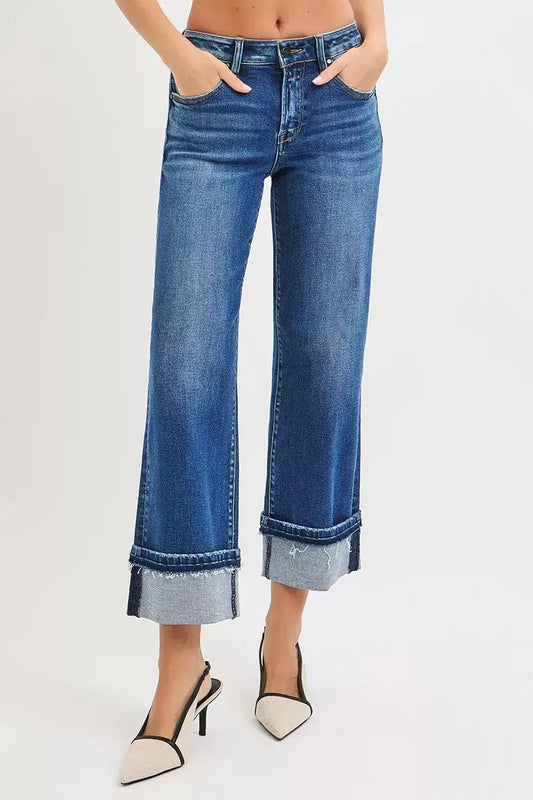 RISEN Mid Rise Ankle Straight Jeans with Cuffed Hem - DARK