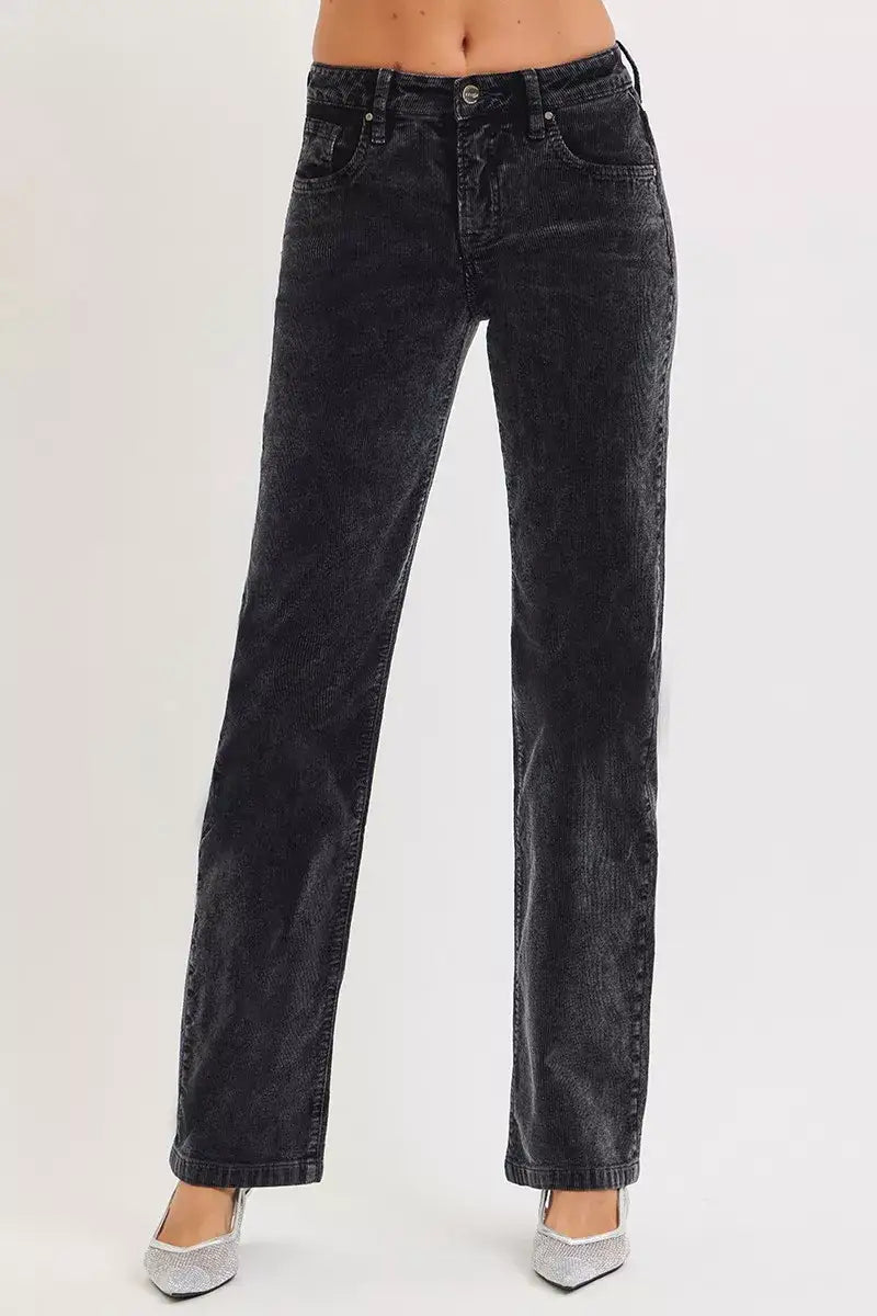 RISEN Tummy Control Mid Rise Straight Leg Corduroy Pants - MIDNIGHT / Straight Leg Corduroy Pants