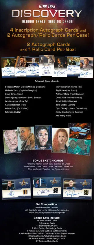 Promotional poster for Star Trek Discovery trading cards featuring autograph cards