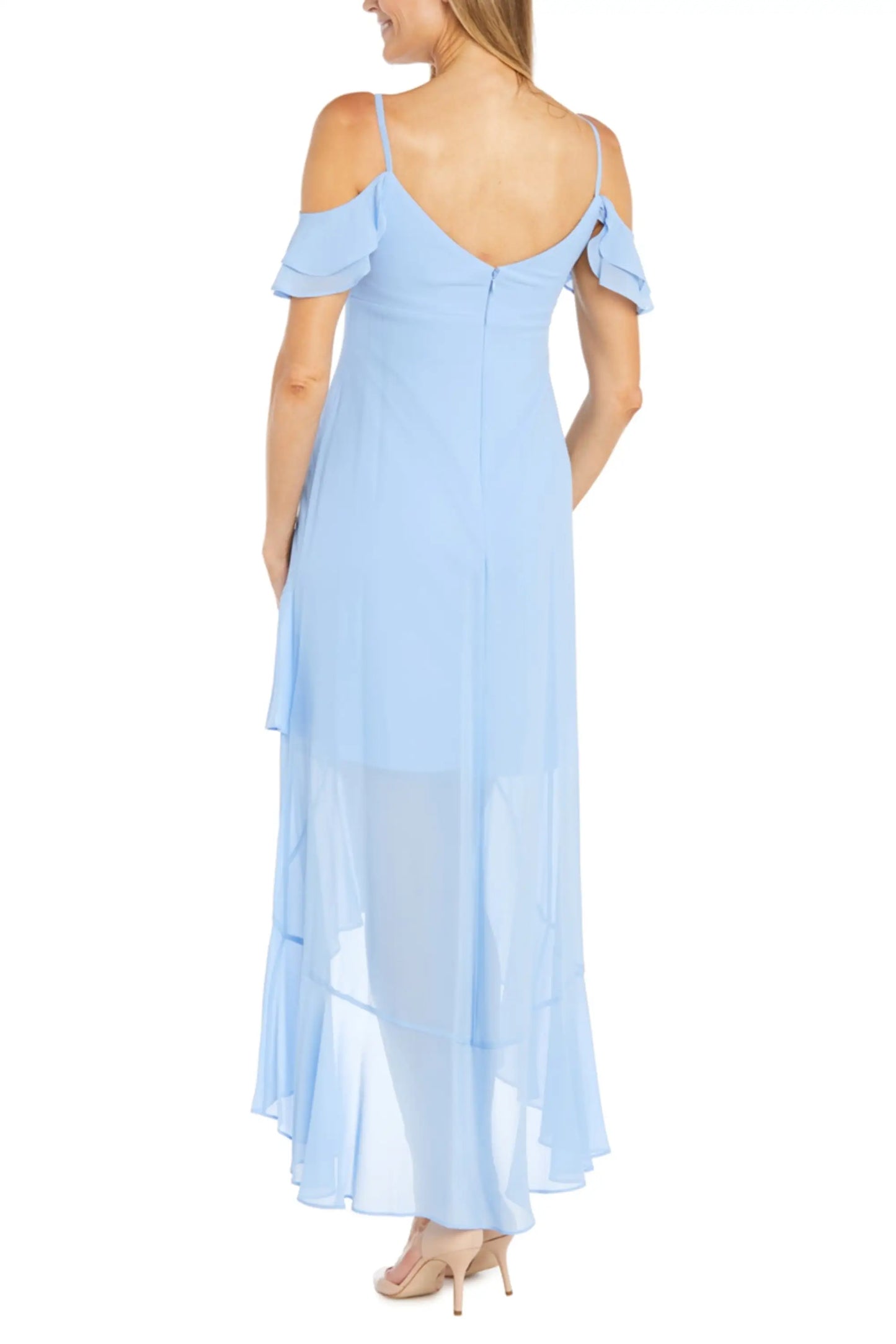 Light blue cold-shoulder maxi dress with ruffles from RM Richards for summer and special events