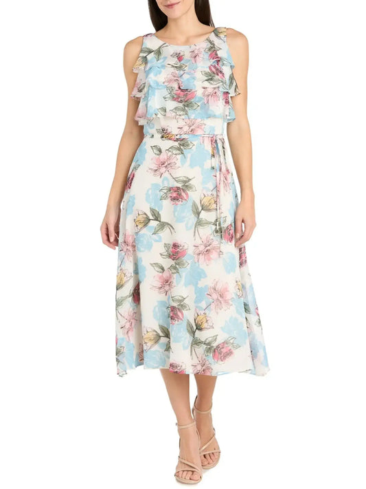 Richards Ivory floral print midi day dress with ruffles and tie waist for women