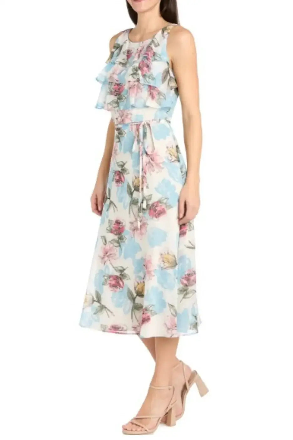 Women’s white floral midi day dress with ruffled top and tie waist, RM Richards Ivory