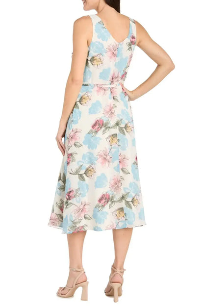 Richards Ivory floral day dress for women with V-neck sleeveless design and tie waist