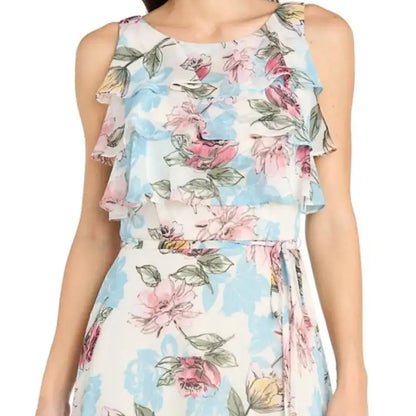 Richards Ivory floral day dress with ruffled tiers and tie waist for summer or spring