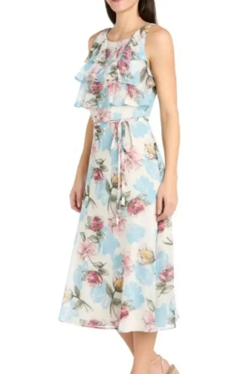 Women’s floral print ruffle midi day dress with tied waist in Richards Ivory for summer or spring