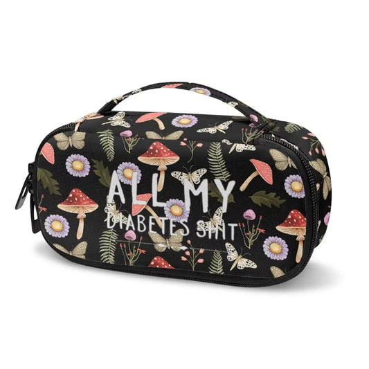 Black floral diabetes supplies organizer bag with mushroom and daisy pattern for diabetic supplies