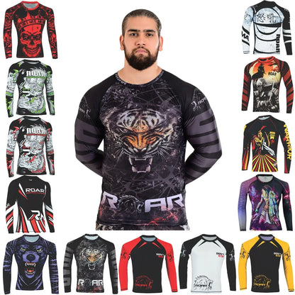 Long-sleeved rash guard display featuring Roar BJJ MMA Grappling Jiu Jitsu training shirts