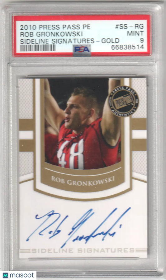 PSA-graded Rob Gronkowski 2010 Press Pass PE Sideline Signatures Gold football card from Columbia Hobby