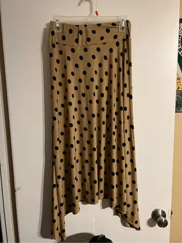 Robert Louis Skirt with long tan polka dot fabric and asymmetrical hemline