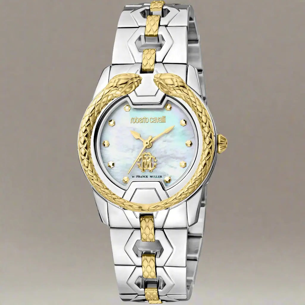 Roberto Cavalli by Franck Muller women’s watch with two-tone stainless steel, mother-of-pearl dial, gold-tone snake bezel