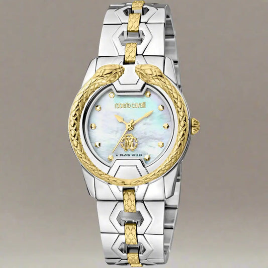 Roberto Cavalli by Franck Muller women’s watch with two-tone stainless steel, mother-of-pearl dial, gold-tone snake bezel