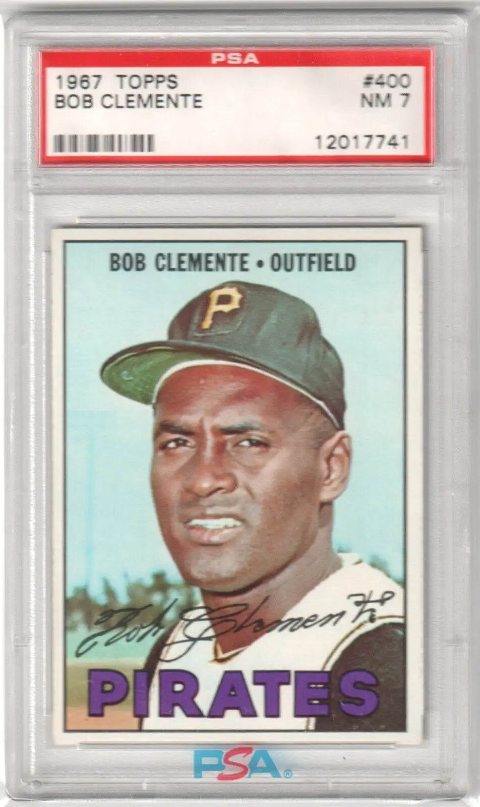 Graded 1967 Topps Roberto Clemente baseball card from Columbia Hobby, PSA 7 EX-MT