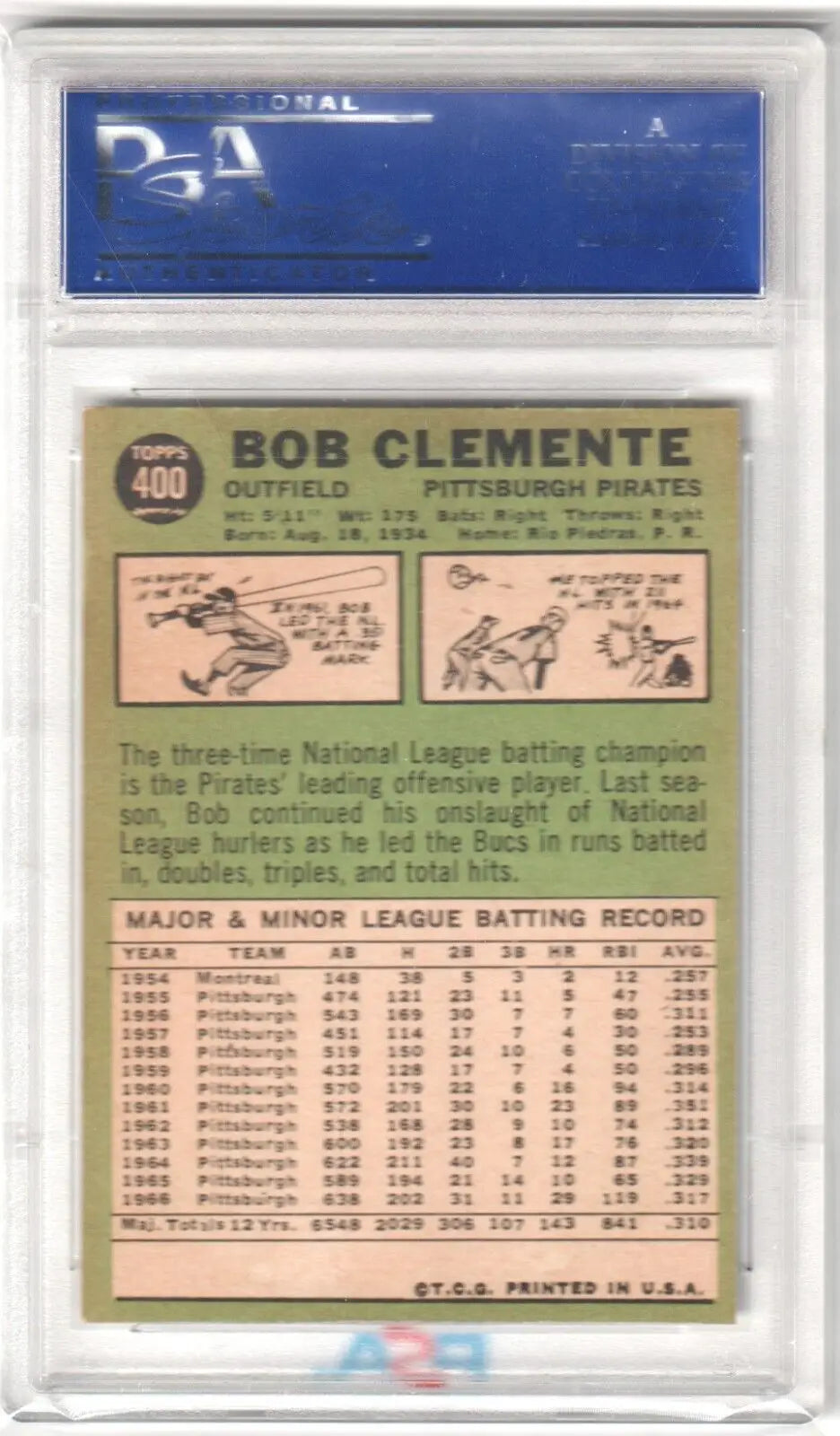 Graded Roberto Clemente baseball card from 1967 Topps #300 PSA 7 EX-MT single card from Columbia Hobby